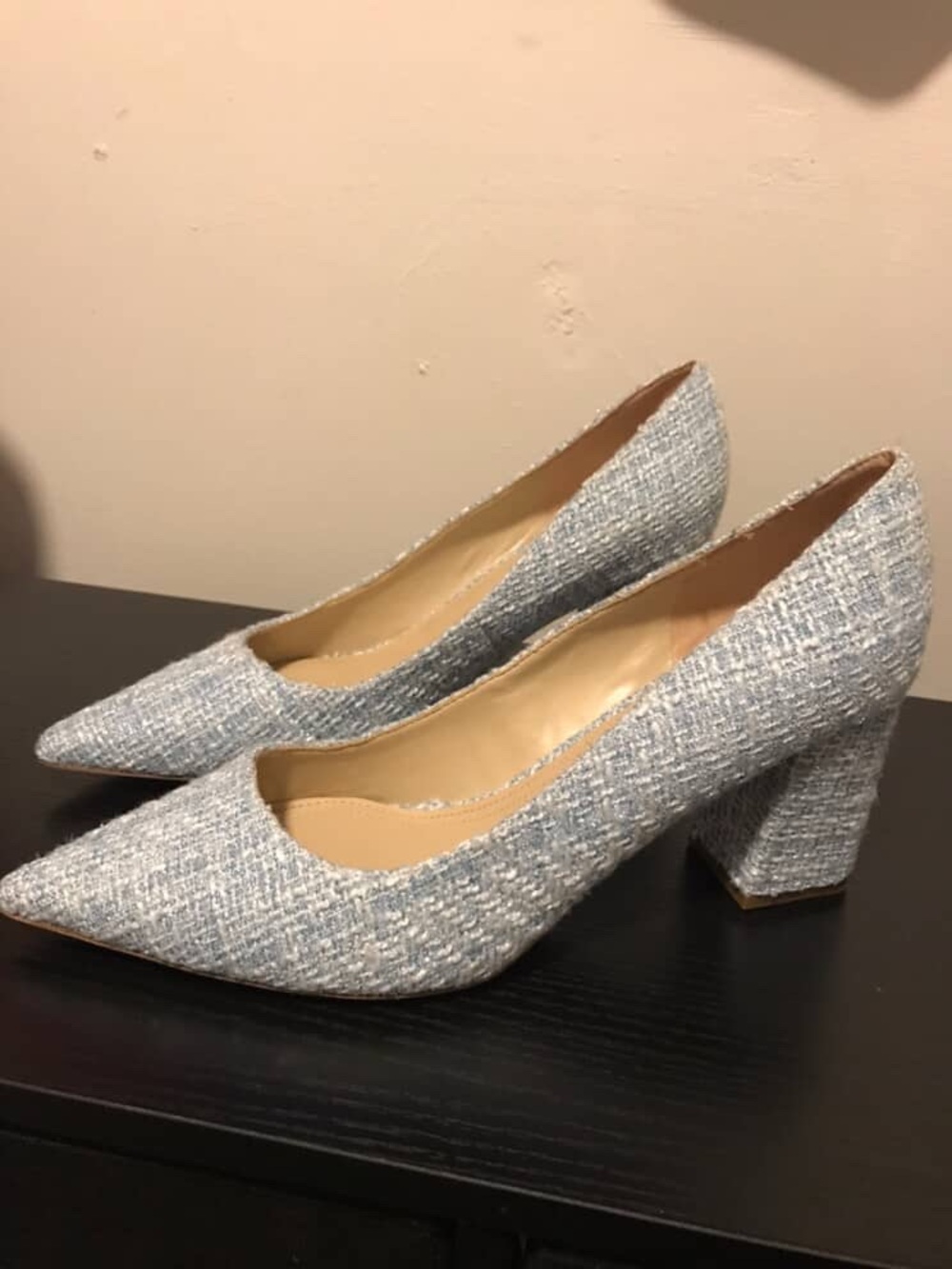 Marc Fisher Light Blue Tweed Pointed Block Heel Pumps